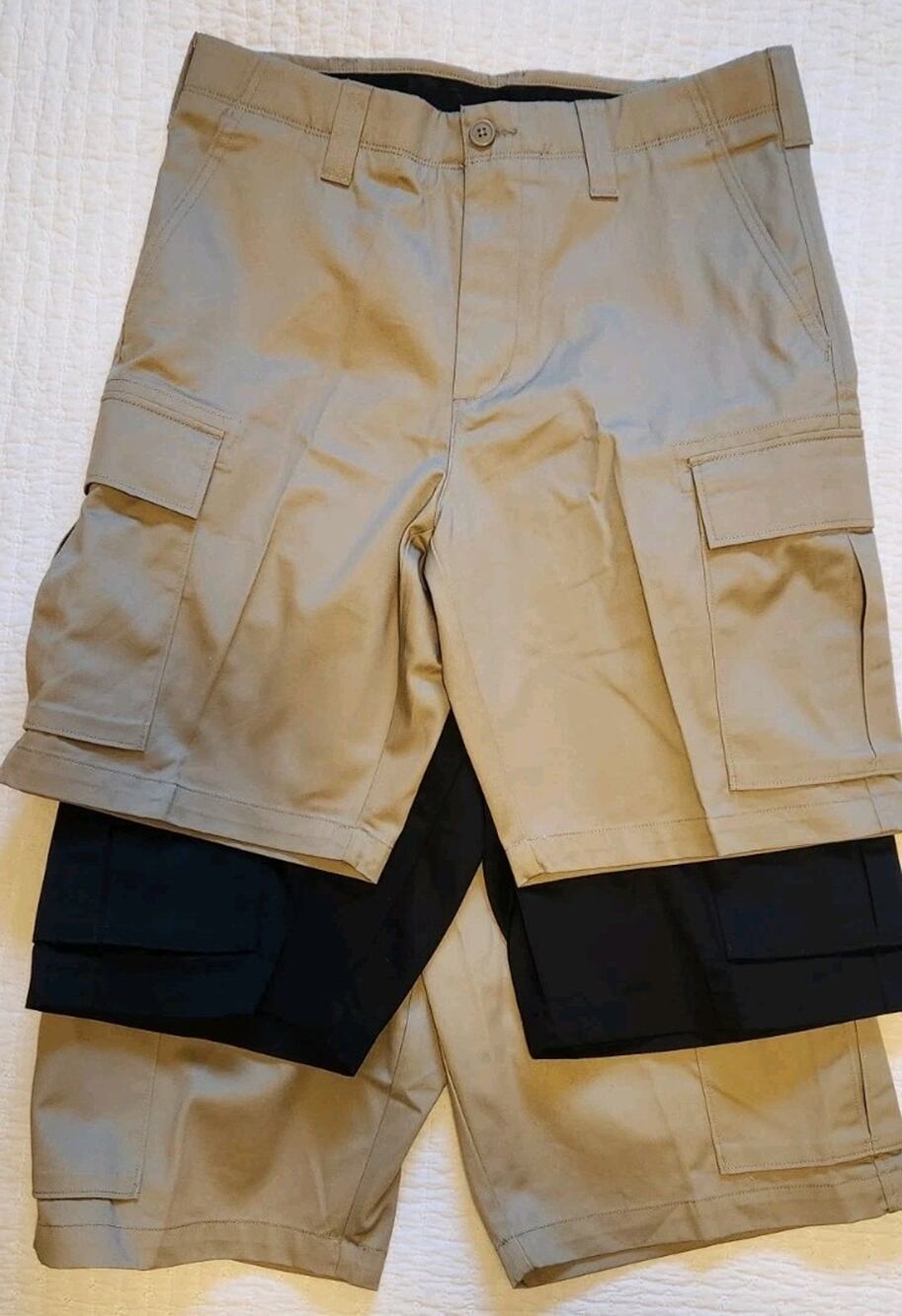 Set Of 3 Lands' End Cargo Shorts Mens 33 Khaki 2 Tan & 1 Black Traditional Fit